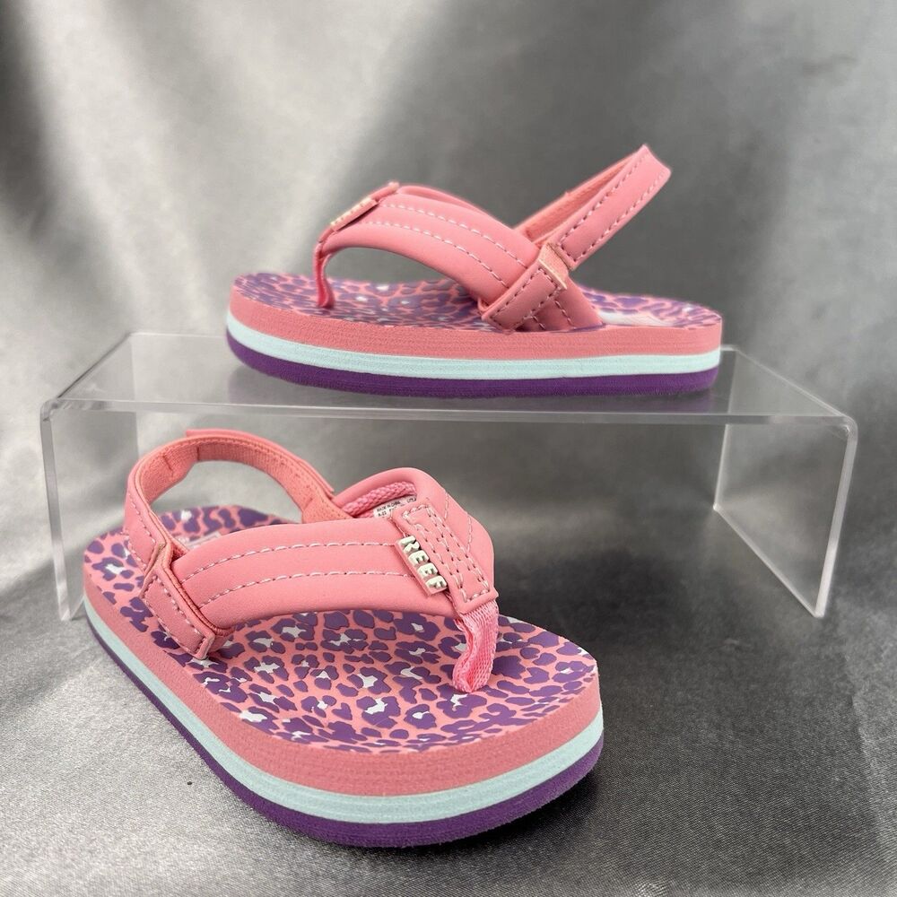 REEF Lil Ahi Toddler's 5 Slingback‎ Sandals Pink Cheetah Summer Flip Flops Beach